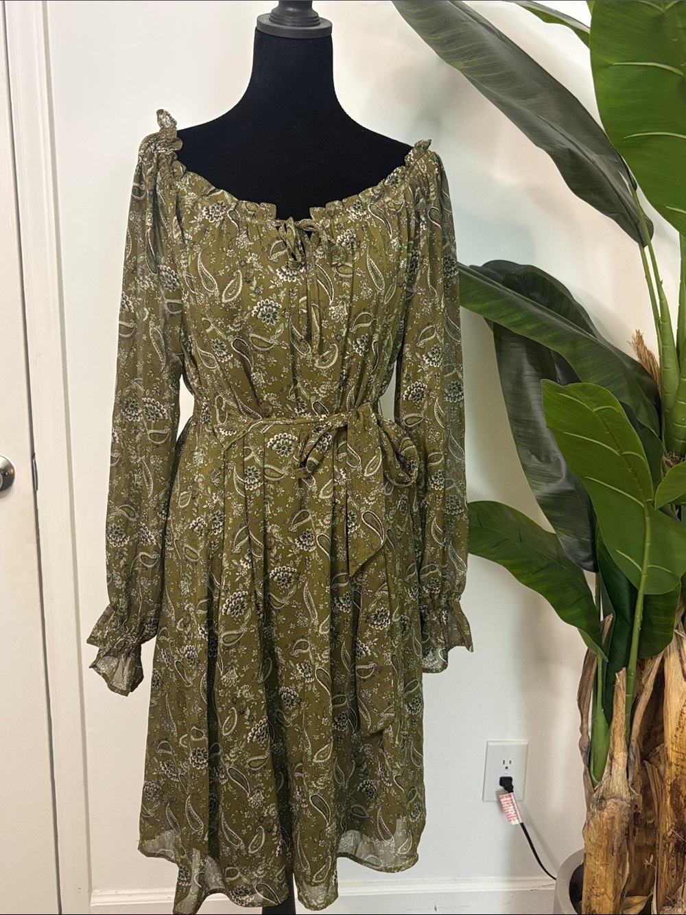 Olive Paisley Off-Shoulder Long Sleeve Tie-Waist Dress